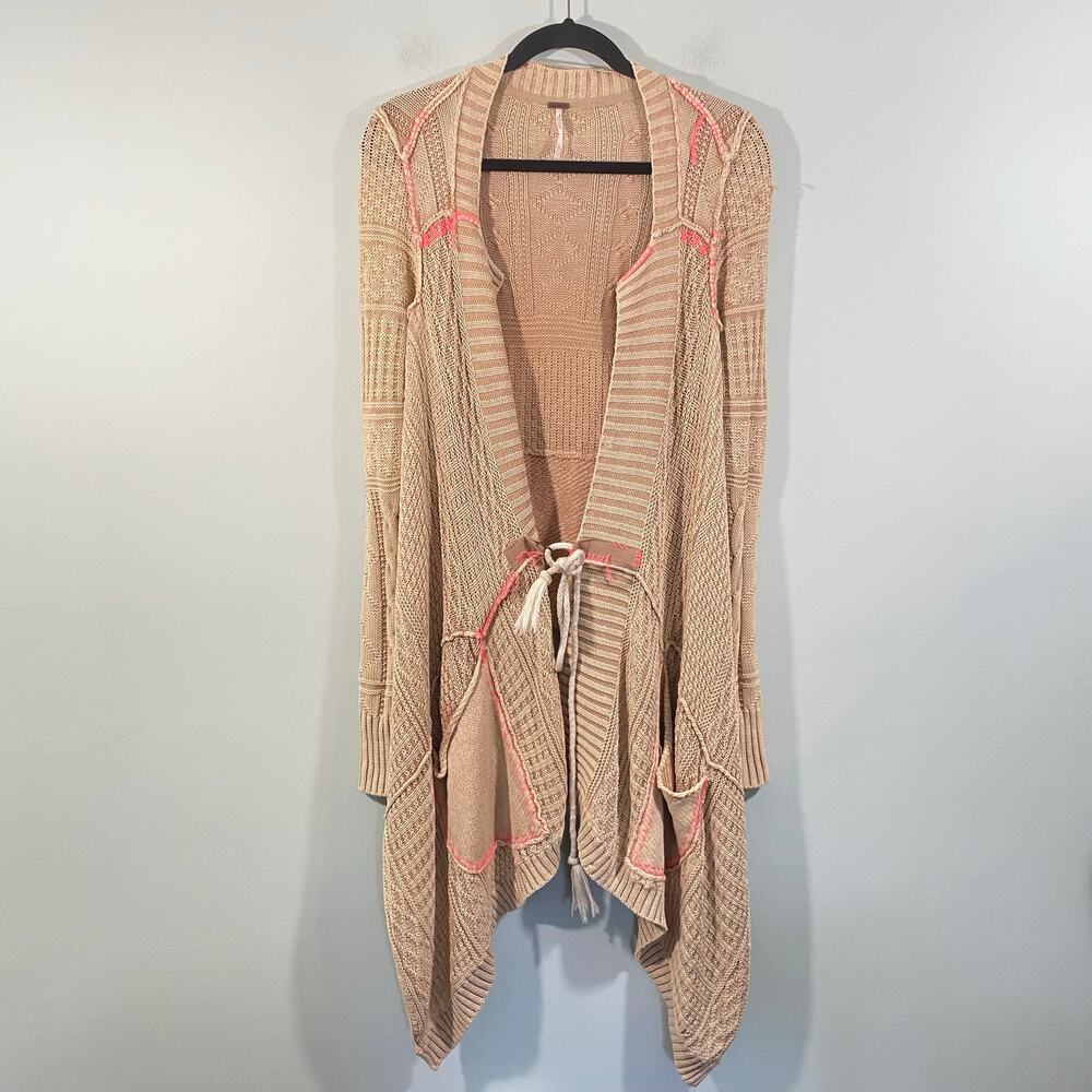 Free People Beige Pink All Washed Out Asymmetrical Chunky Boho Cardigan Size XS